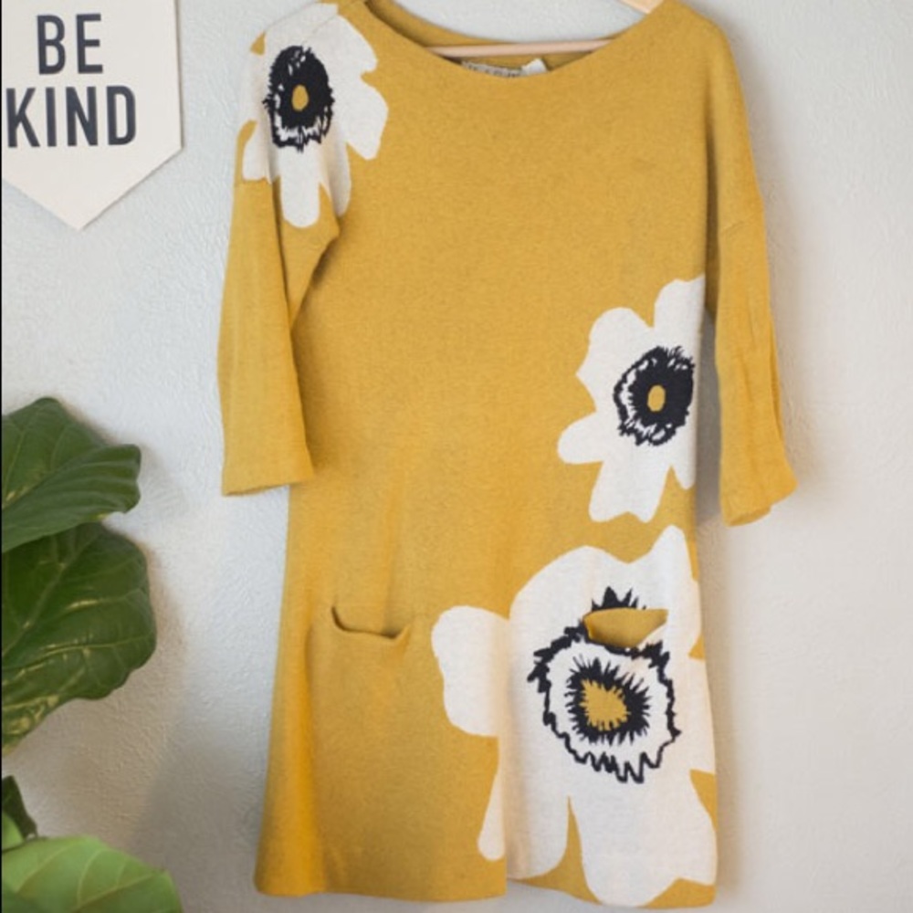 Anthropologie mustard yellow floral sweater tunic